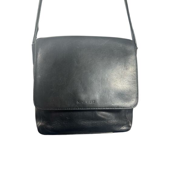Nine West Black Leather Crossbody Shoulder Bag Adjustable Strap flap with snap - Picture 1 of 10